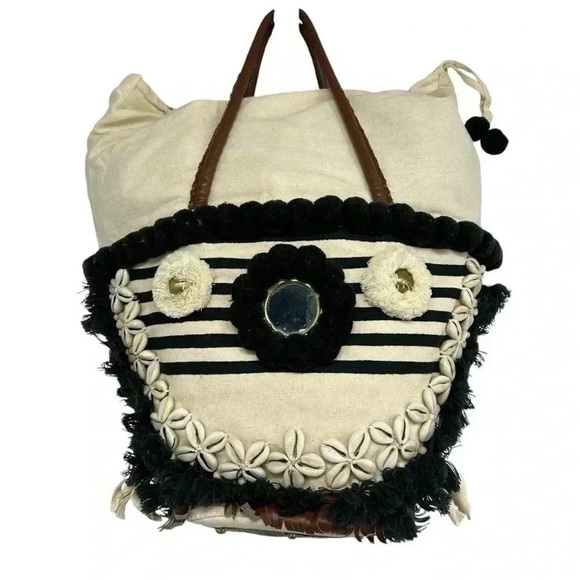 Figue Bardot Raj Palace Tuk Tuk Medium Tote – Boho Shell Embellished Cotton Bag - Picture 2 of 15